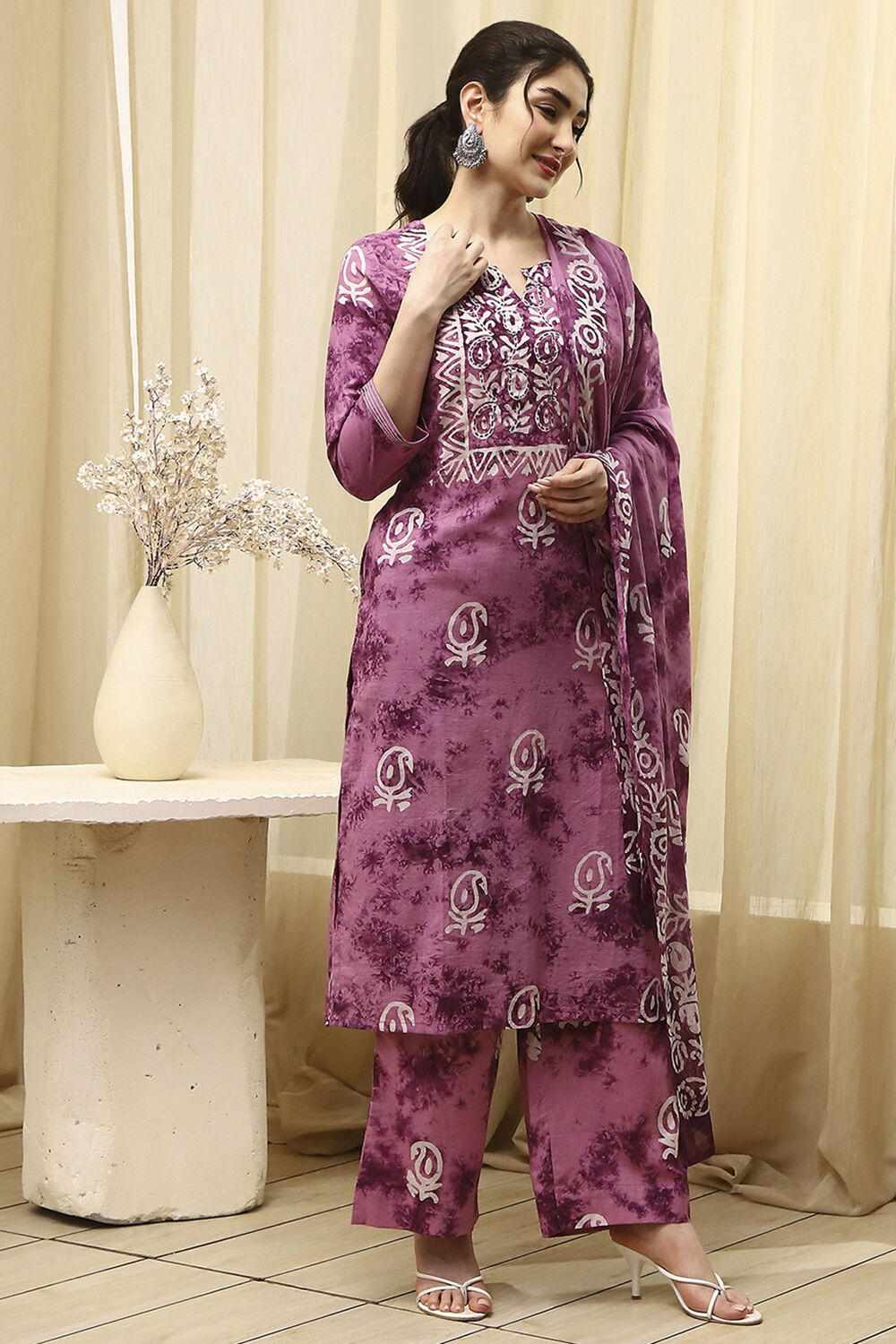 Purple Cotton Unstitched Suit Set image number 6