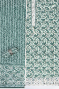 Green Cotton Screen Print Unstitched Suit Set image number 1