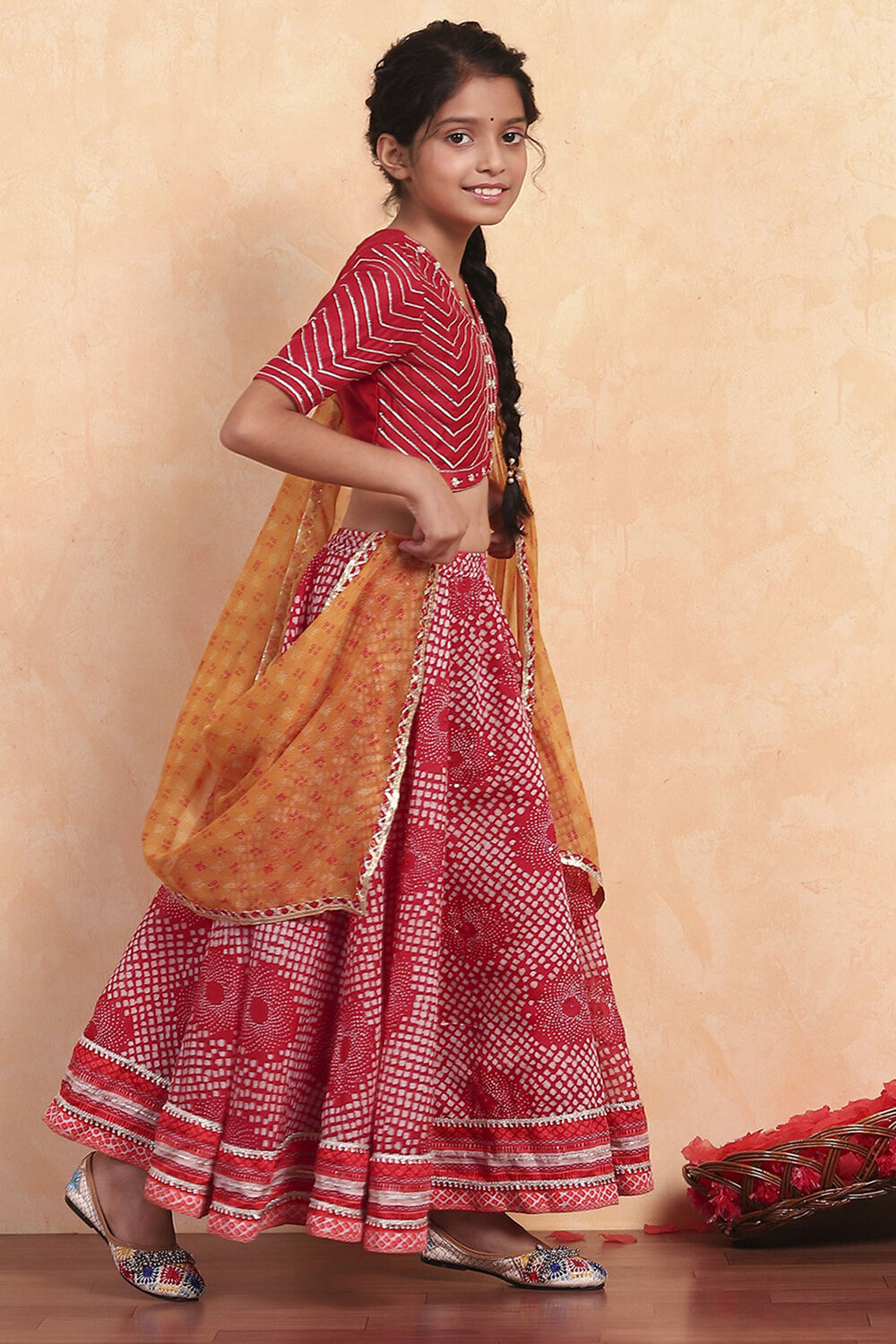 Red Poly Chanderi Printed Lehenga Set image number 5