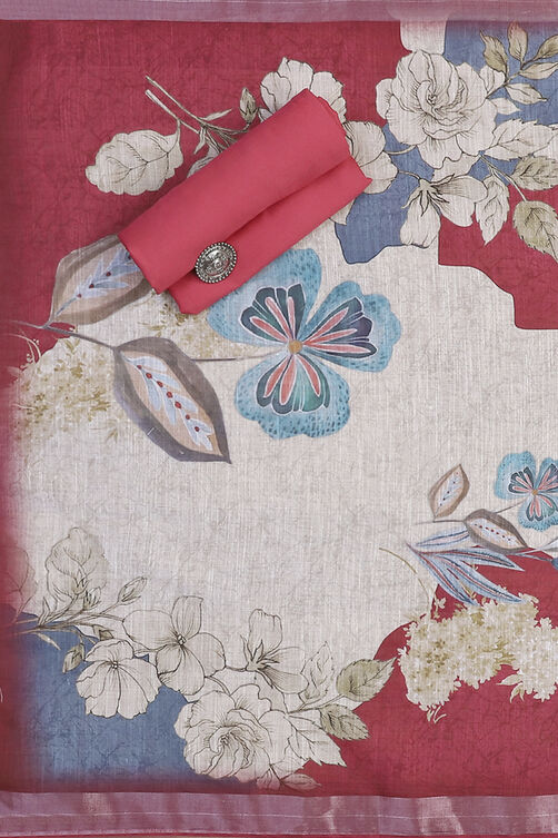 Red Linen Blend Machine Embroidered Unstitched Suit Set image number 2