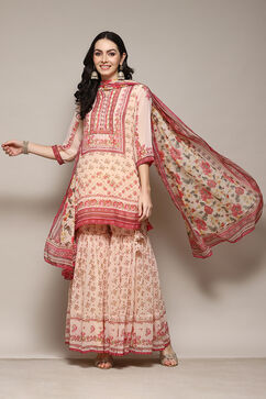 Off White Polyester Straight Printed Kurta Garara Suit Set image number 0