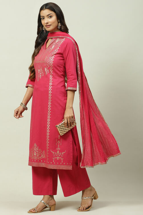 Mustard Printed Cotton Straight Kurta Palazzo Suit Set image number 7
