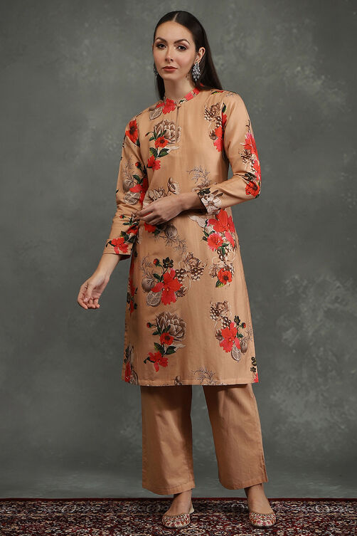Rohit Bal Peach-Toned Silk Chanderi Floral Printed Straight Kurta Set image number 6