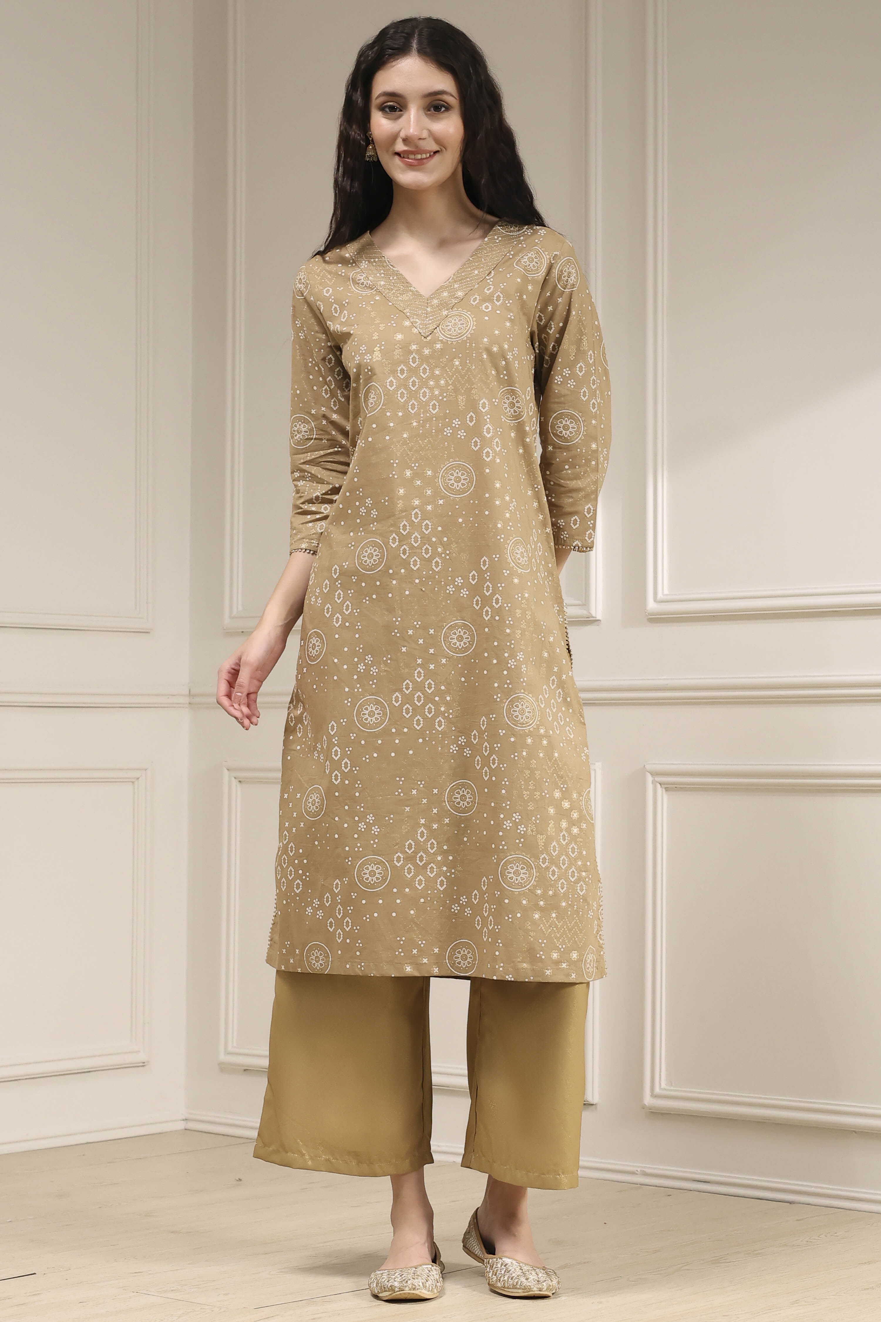 Beige Cotton Printed Straight Kurta image number 5