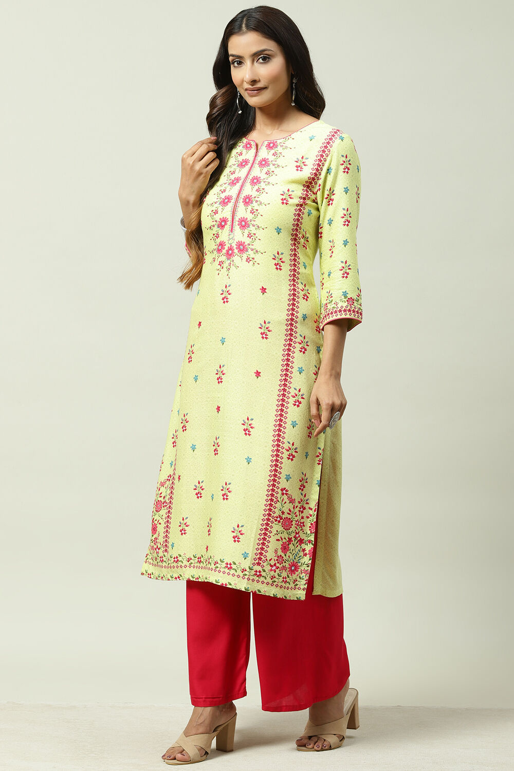 Lime Cotton Straight Kurta image number 2