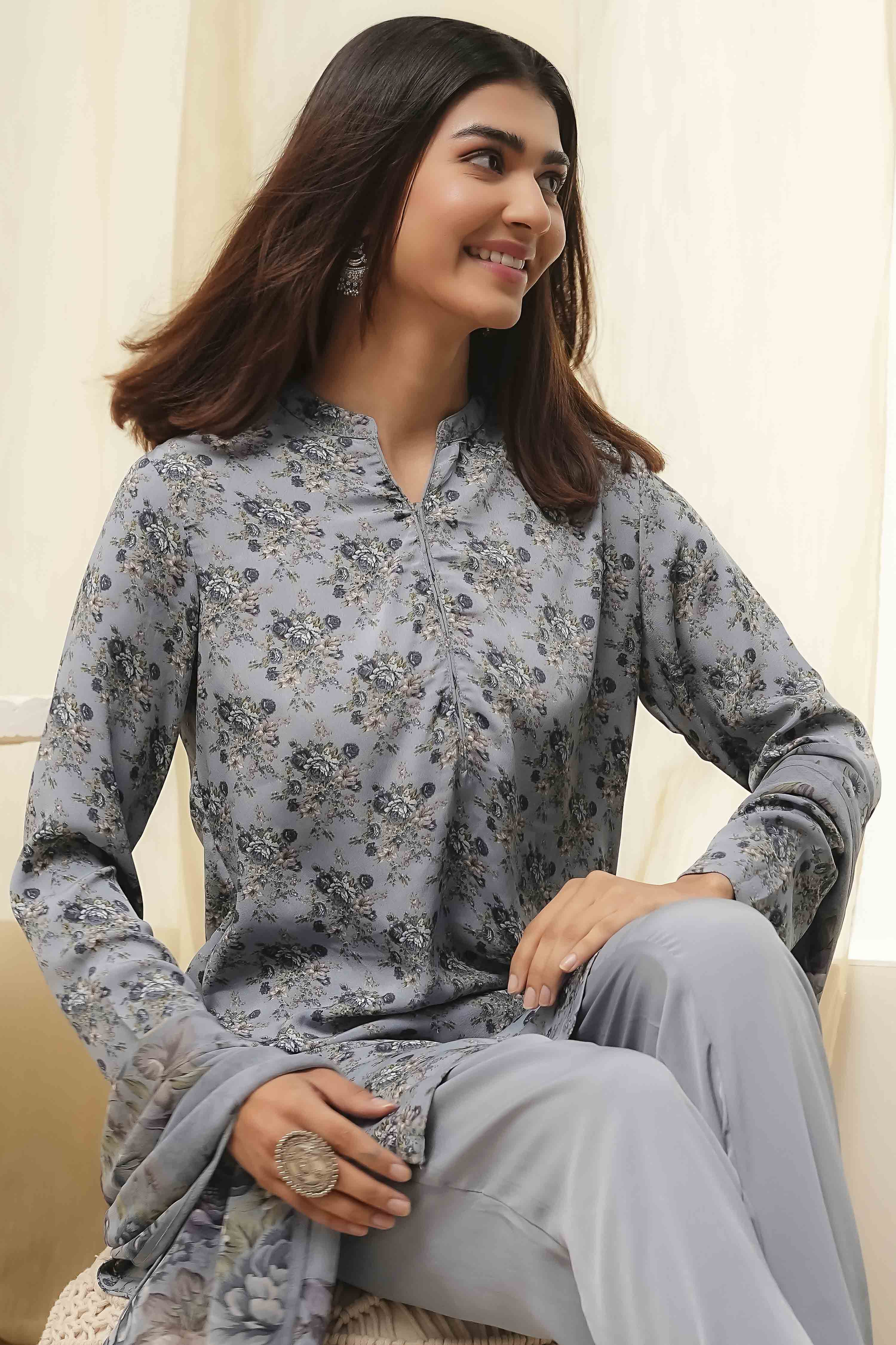 Grey Art Silk Straight Suit Set image number 7