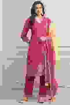Fuchsia Cotton Straight Kurta Pants Suit Set image number 6