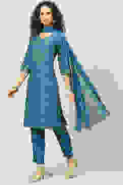 Teal Art Silk Straight Kurta Slim Pant Suit Set image number 5