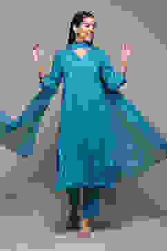 Turquoise LIVA Gathered Yarndyed Kurta Afgan Pant Suit Set image number 7