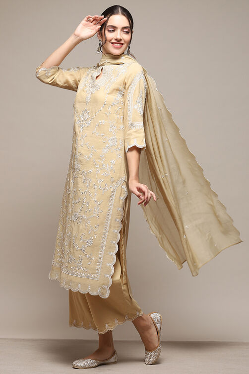 Beige Poly Chanderi Straight Suit set image number 4