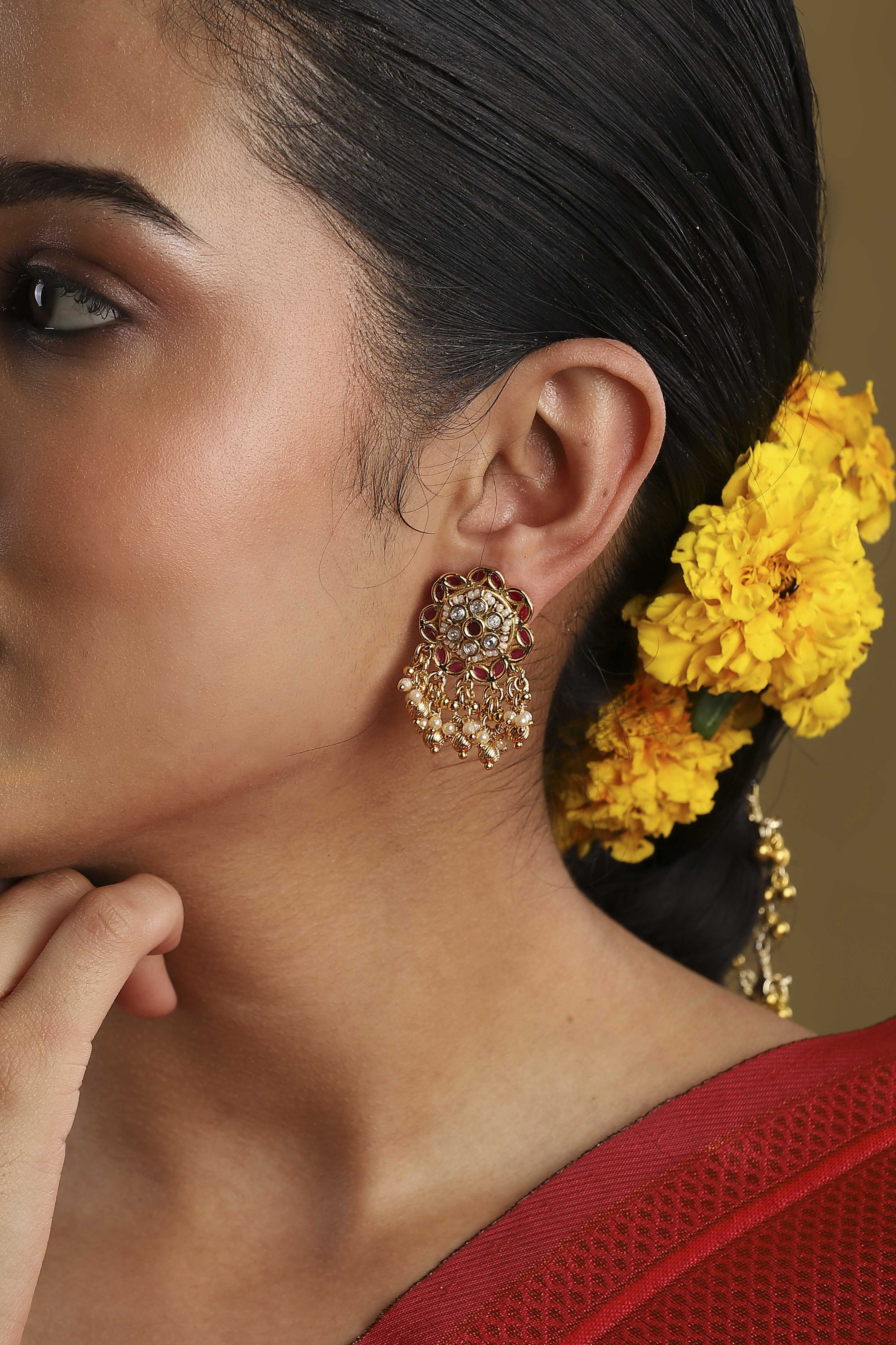 Pink Gold Plated Brass Studded Drop Earrings image number 1