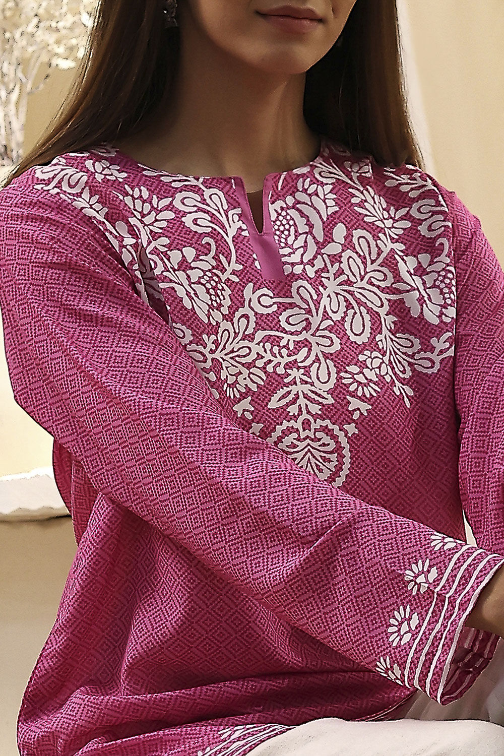 Pink Printed Straight Short Kurta image number 1