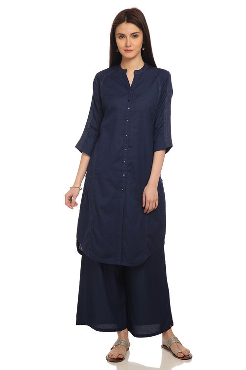 Red Front Open Cotton And Flax Solid Kurta image number 0
