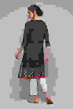 Navy LIVA Straight Printed Kurta image number 4