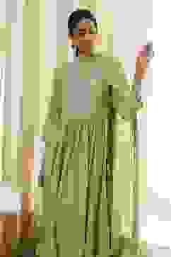 Olive Green Embroidered Gathered Suit Set image number 7