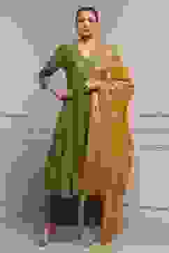 Green Embroidered Angrakha Festive Anarkali Suit Set image number 6