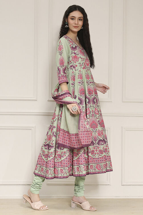 Light Pink Cotton Printed Anarkali Suit Set image number 5