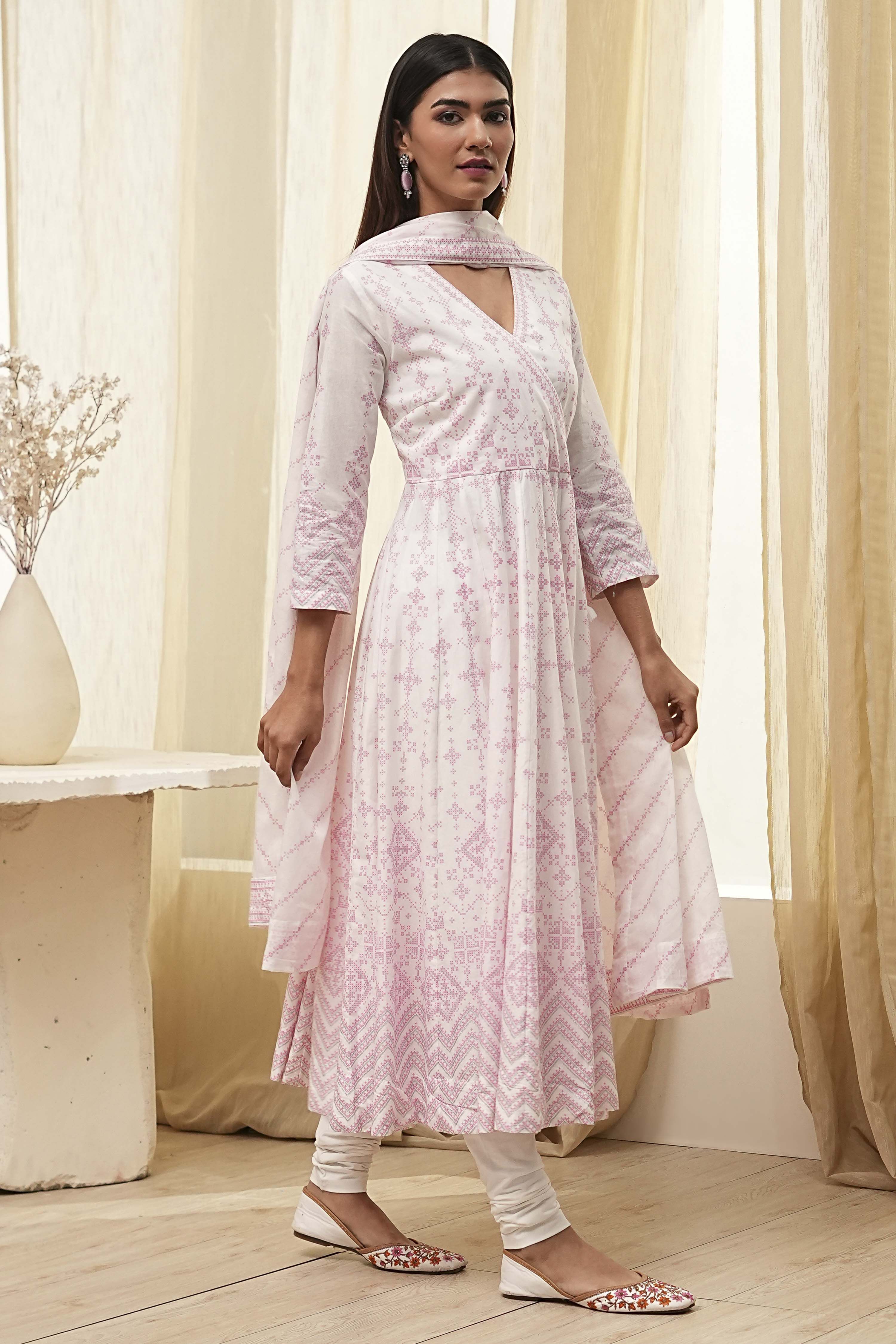 Off-White and Pink Cotton Anarkali Suit Set image number 5