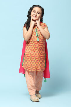Peach Cotton Straight Printed Kurta Salwar Suit Set image number 1