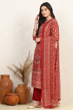 Red Cotton Digital Print Unstitched Suit Set image number 4