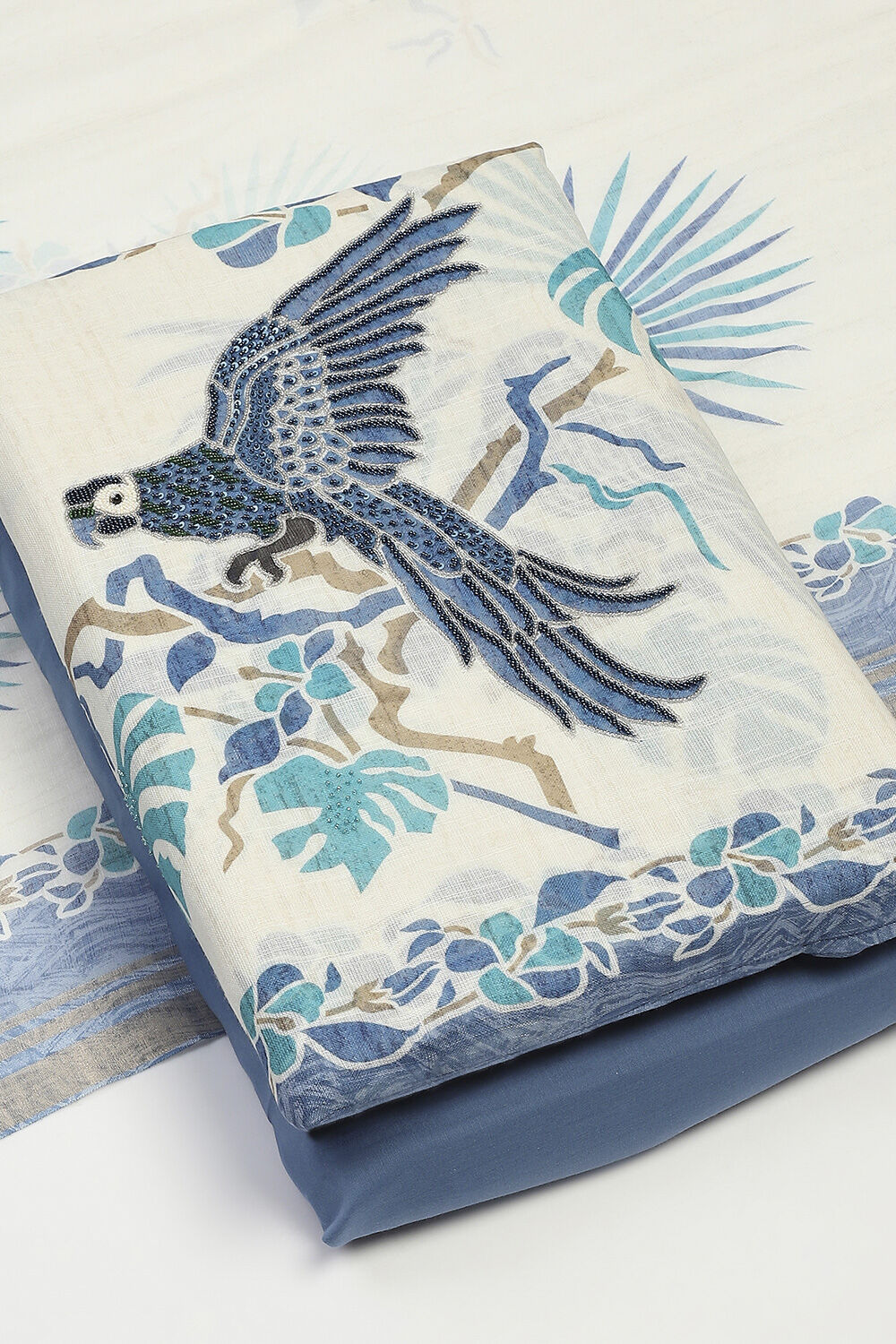 Blue Linen Unstitched Suit Set image number 5