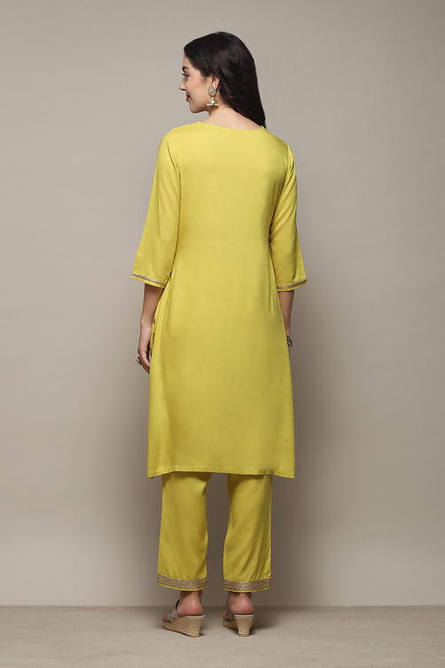 Lime Green Rayon flax Narrow Kurta Pant Suit Set image number 5