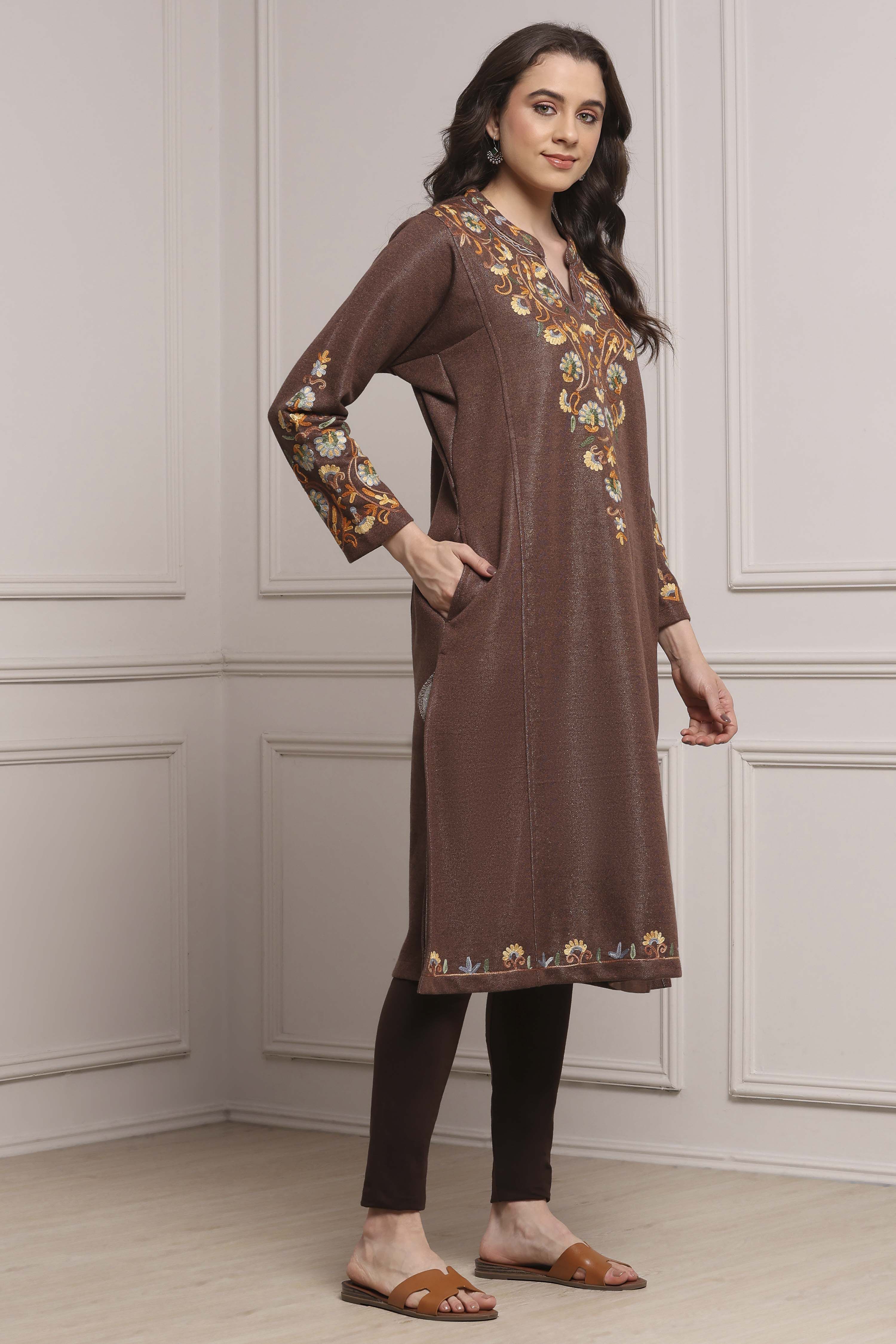 Brown Polyester Straight Yarndyed Kurta image number 4