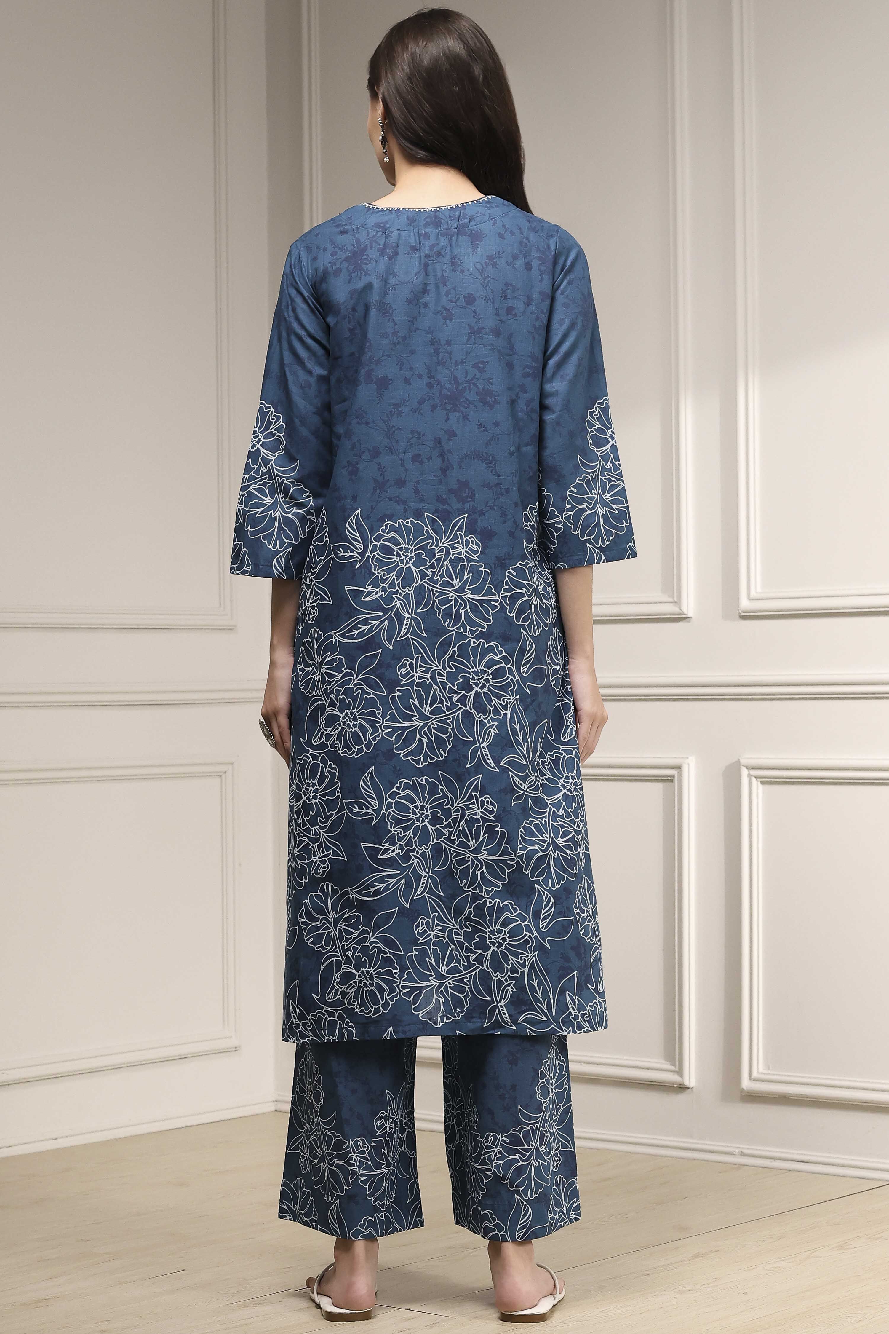 Teal Blue Cotton Printed Straight Suit Set image number 4