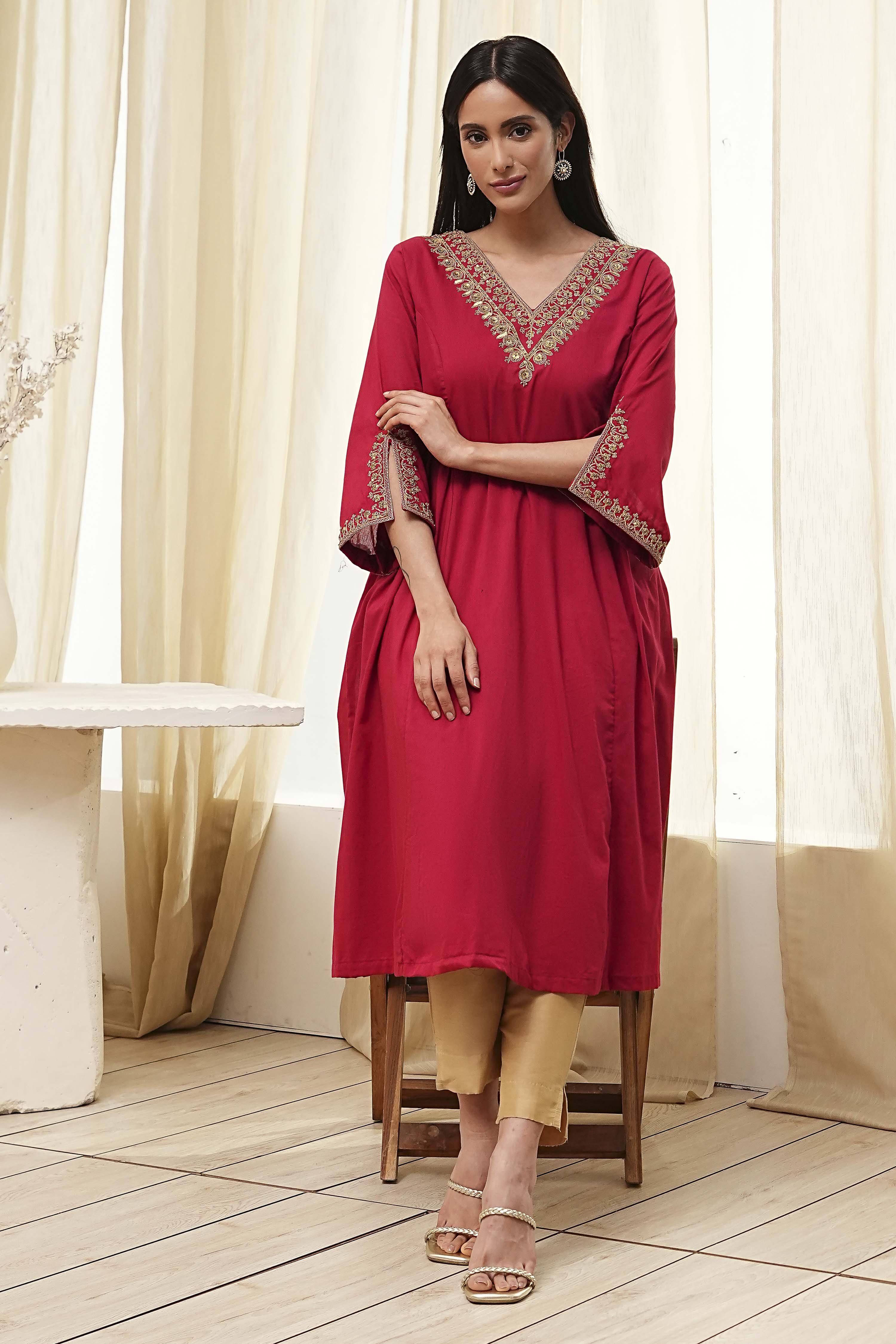 Red Cotton Solid A-Line Kurta image number 0
