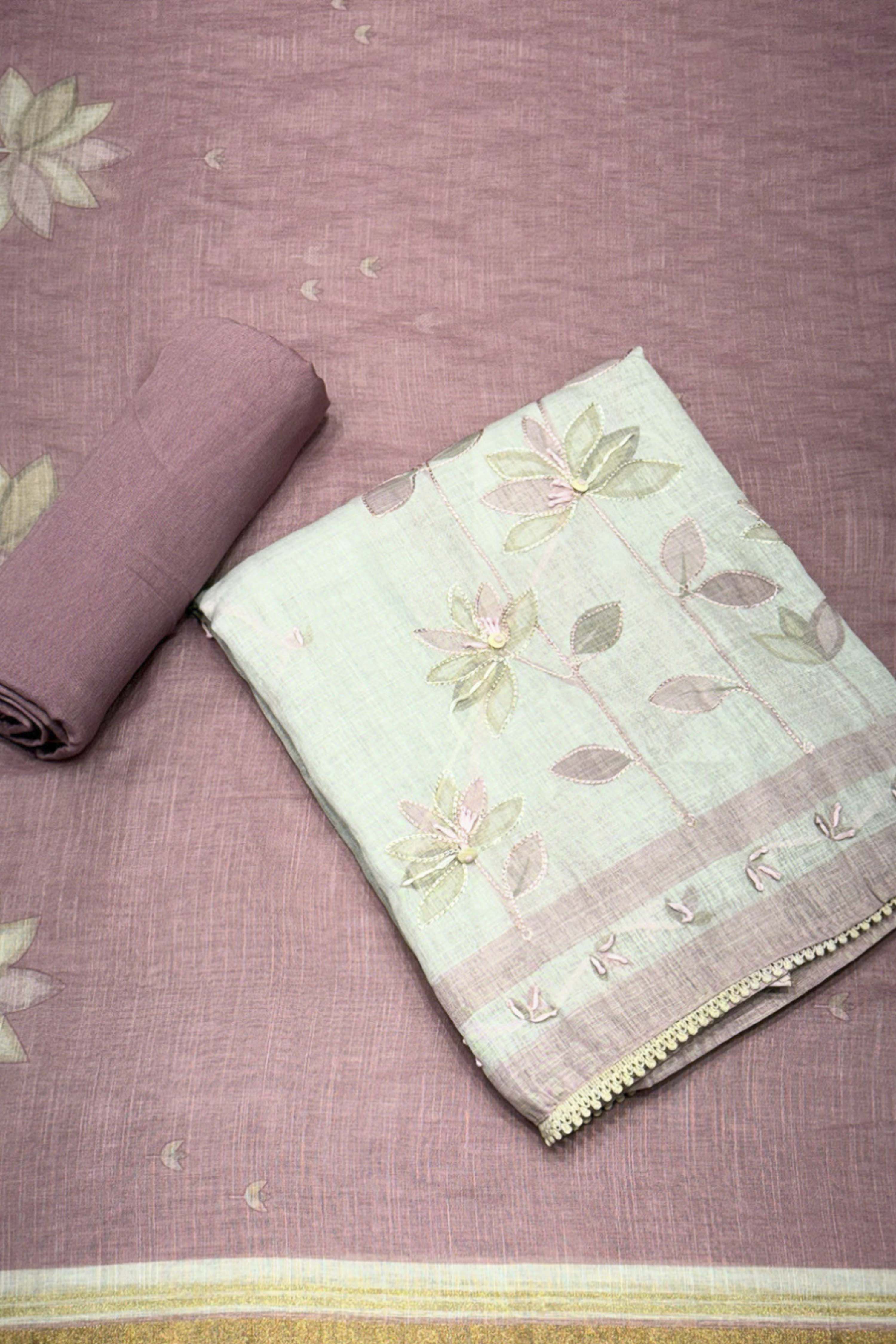 Pink Linen Printed Unstitched Suit Set image number 0