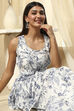 Off-White and Blue Cotton Flared Kurta Set