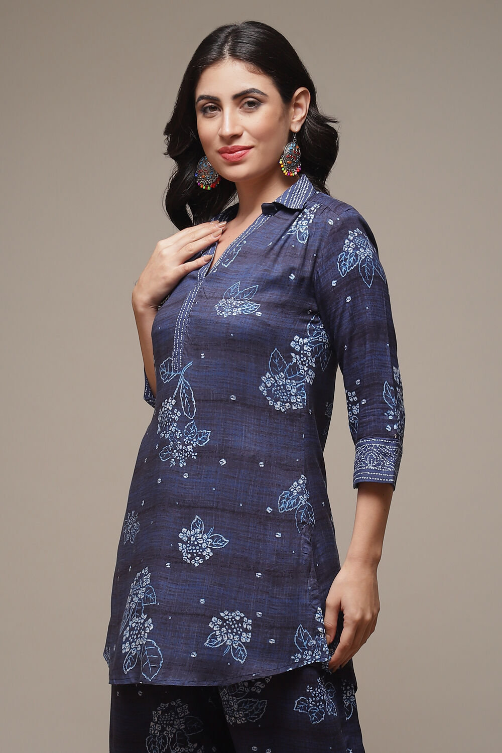 Indigo LIVA Straight Printed Kurta image number 3