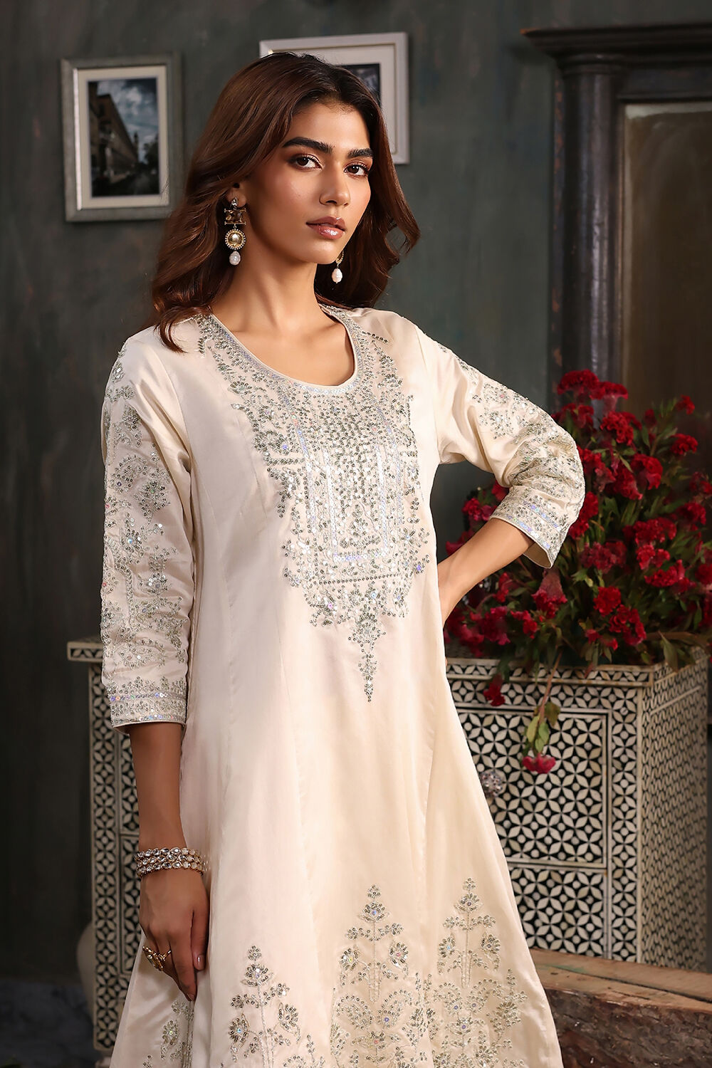 Off-White Cotton Silk Embroidered Kalidar Suit Set image number 1