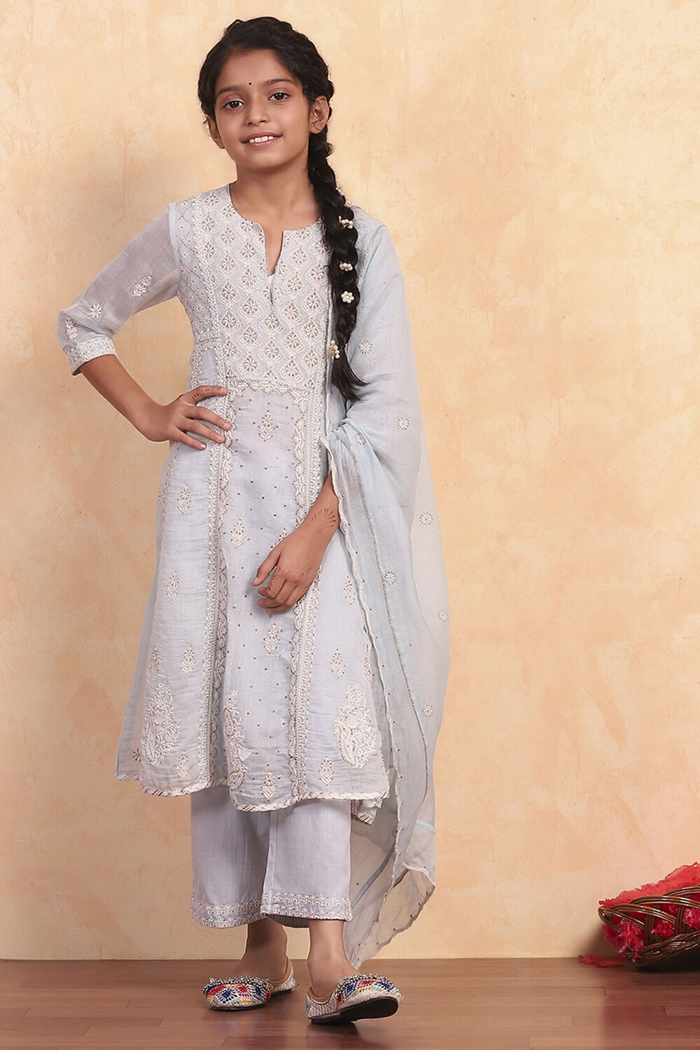 Powder Blue Silk Chanderi Flared Suit Set image number 6