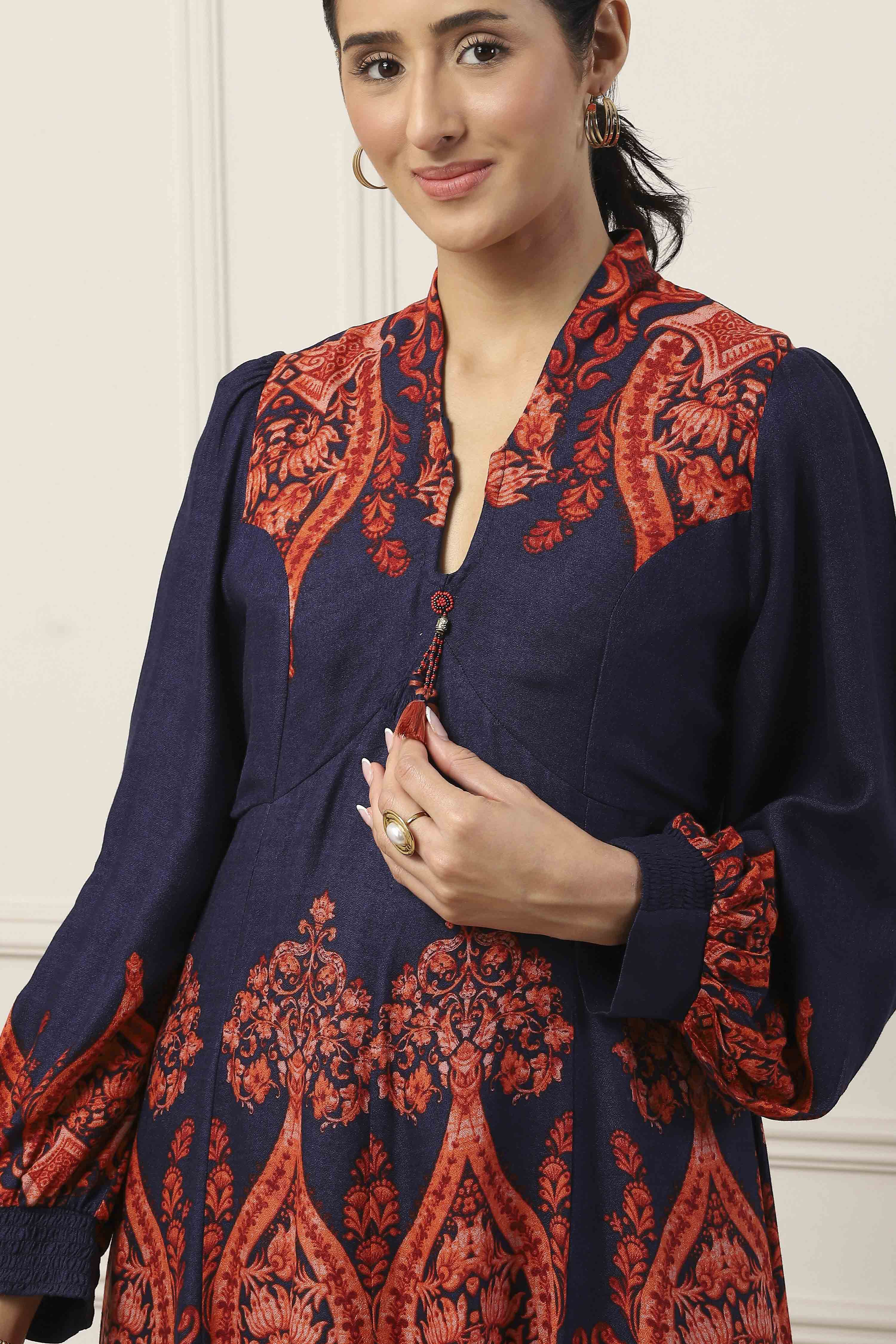 Navy Blue Viscose Rayon Ethnic Motif Printed Flared Dress image number 1