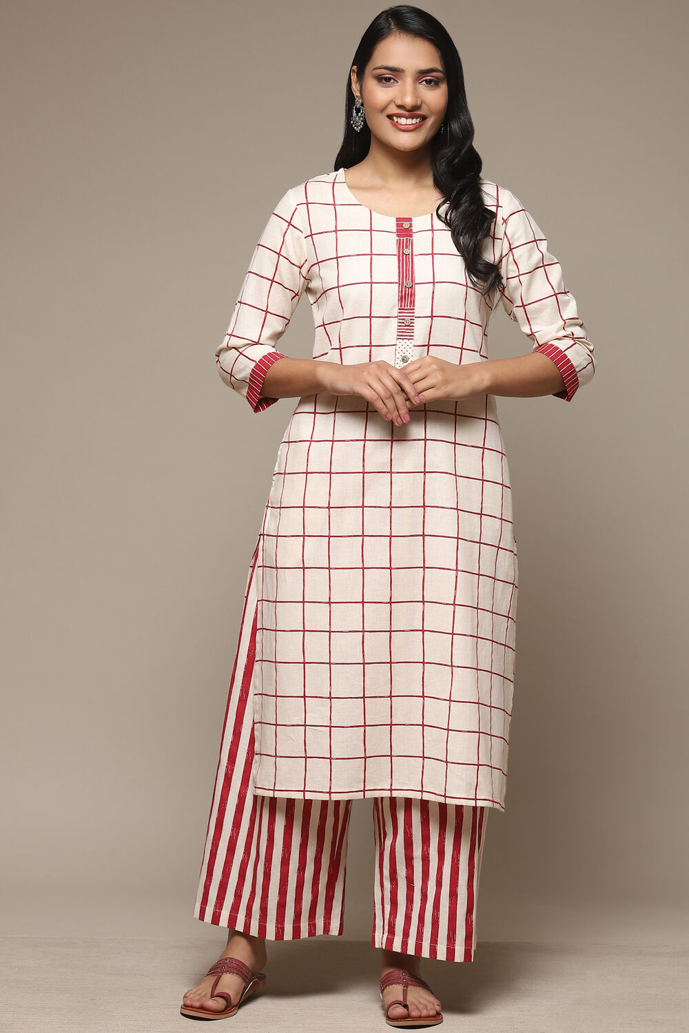 Natural & Blue Cotton Blend Straight Kurta Palazzo Suit Set image number 6