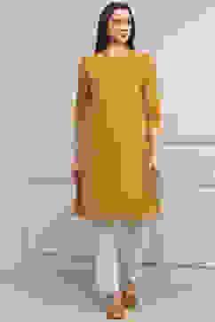 Mustard Yellow Cotton Solid Straight Kurta image number 5