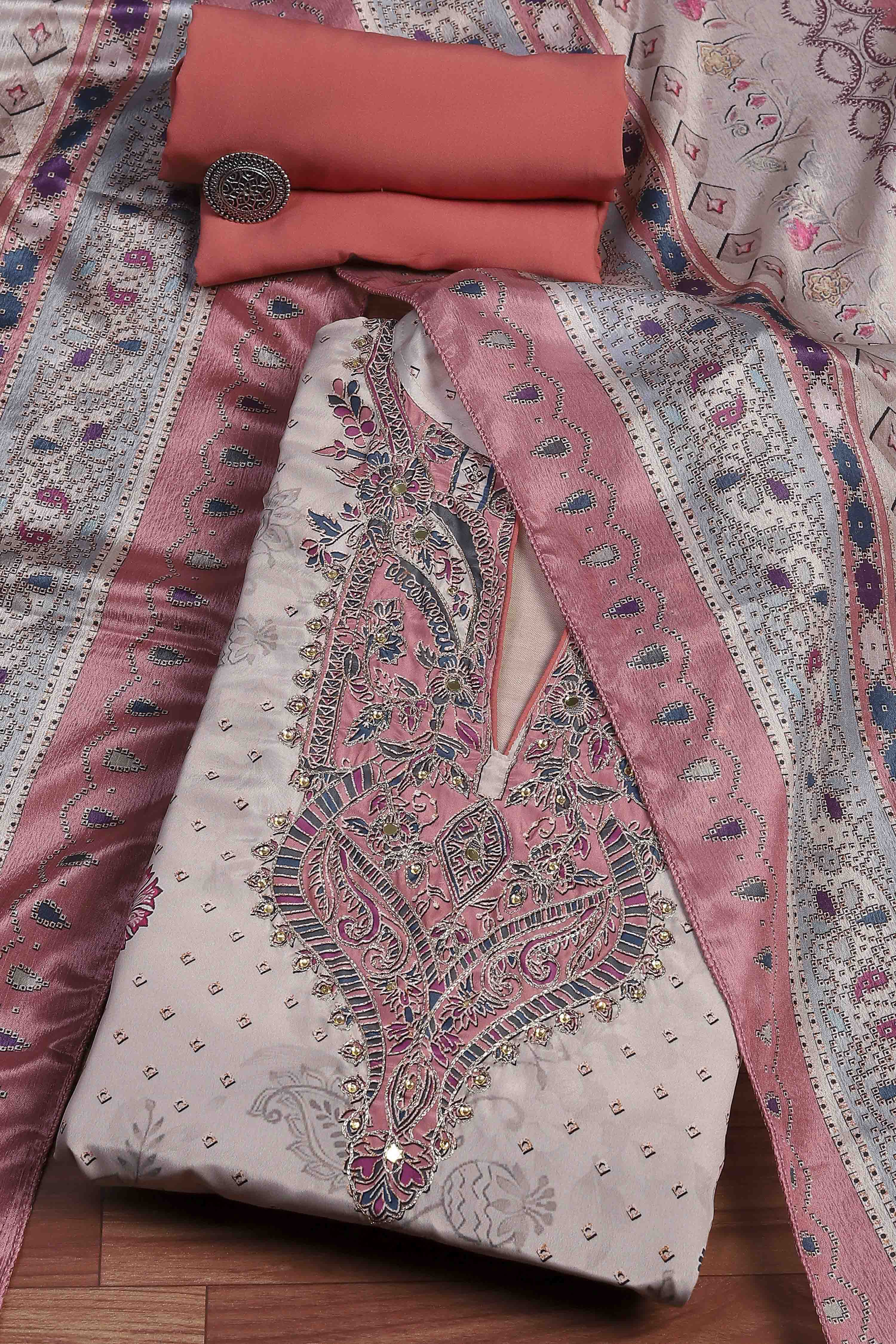 Brown Poly Crepe Digital Print Unstitched Suit Set image number 0