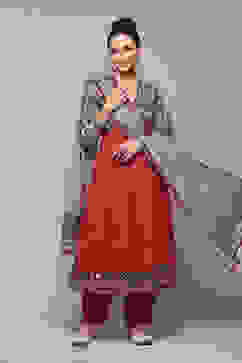 Green & Maroon Cotton Anarkali Kurta Relaxed Salwar Suit Set image number 7