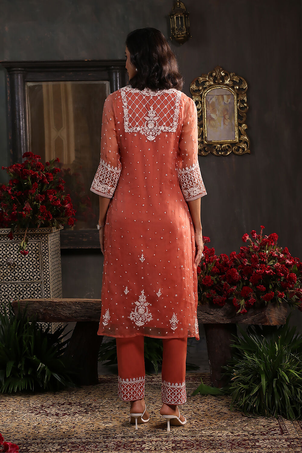 Burnt Orange Embroidered Organza Kalidar Suit Set image number 4