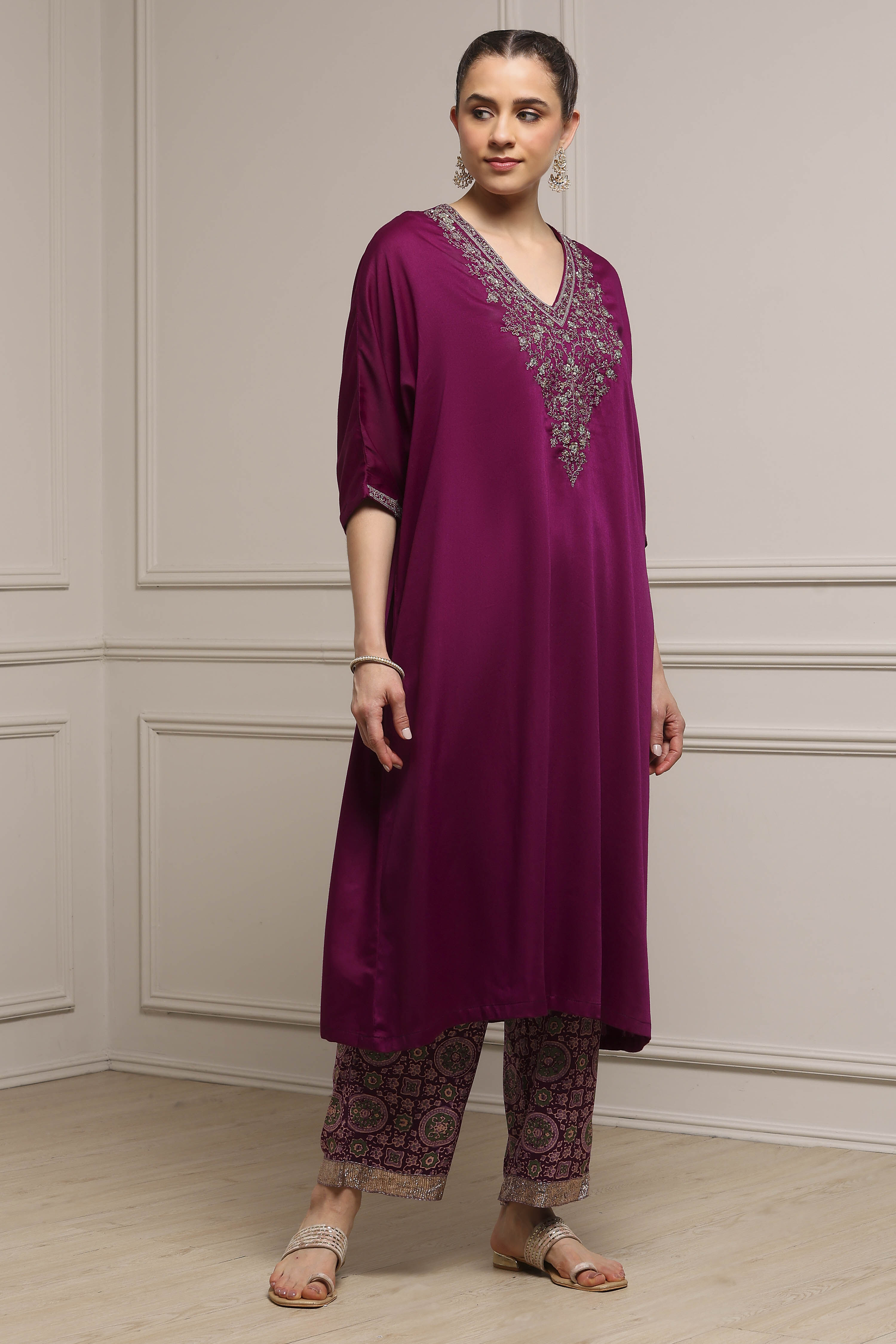 Purple Satin Solid Kaftan-Style Kurta Set image number 0