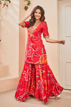 dress with sharara Pink Designer Embroidered Floral Gown Set circular pants Shop Sharara Suit Sets for