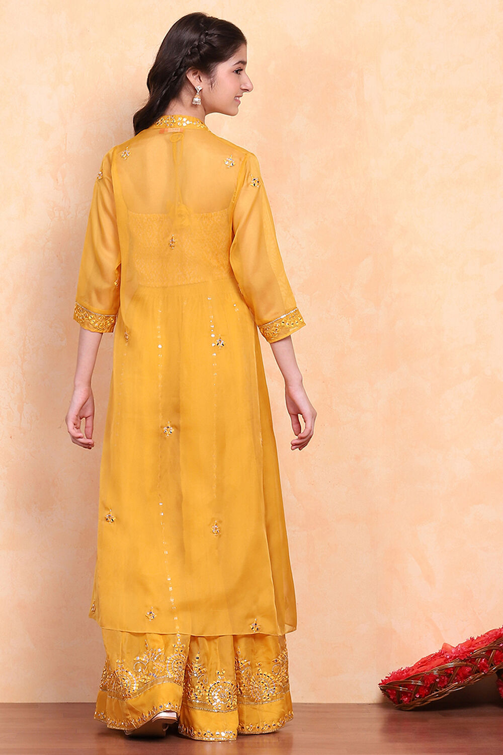 Yellow Printed Festive Fusion Set image number 5