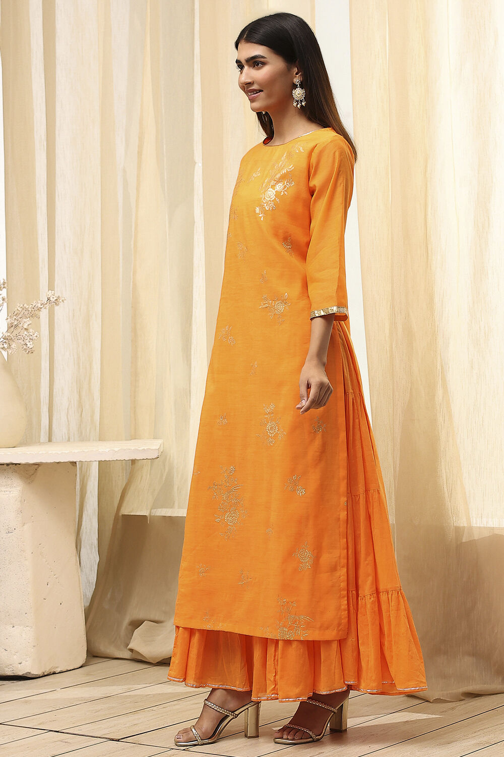 Orange Poly Chanderi Layered Tiered Dress image number 3