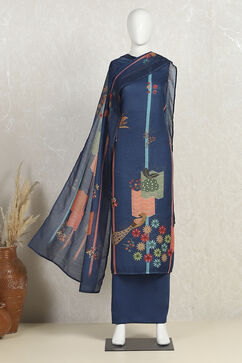 Navy Blue Chanderi Printed Unstitched Suit Set image number 4