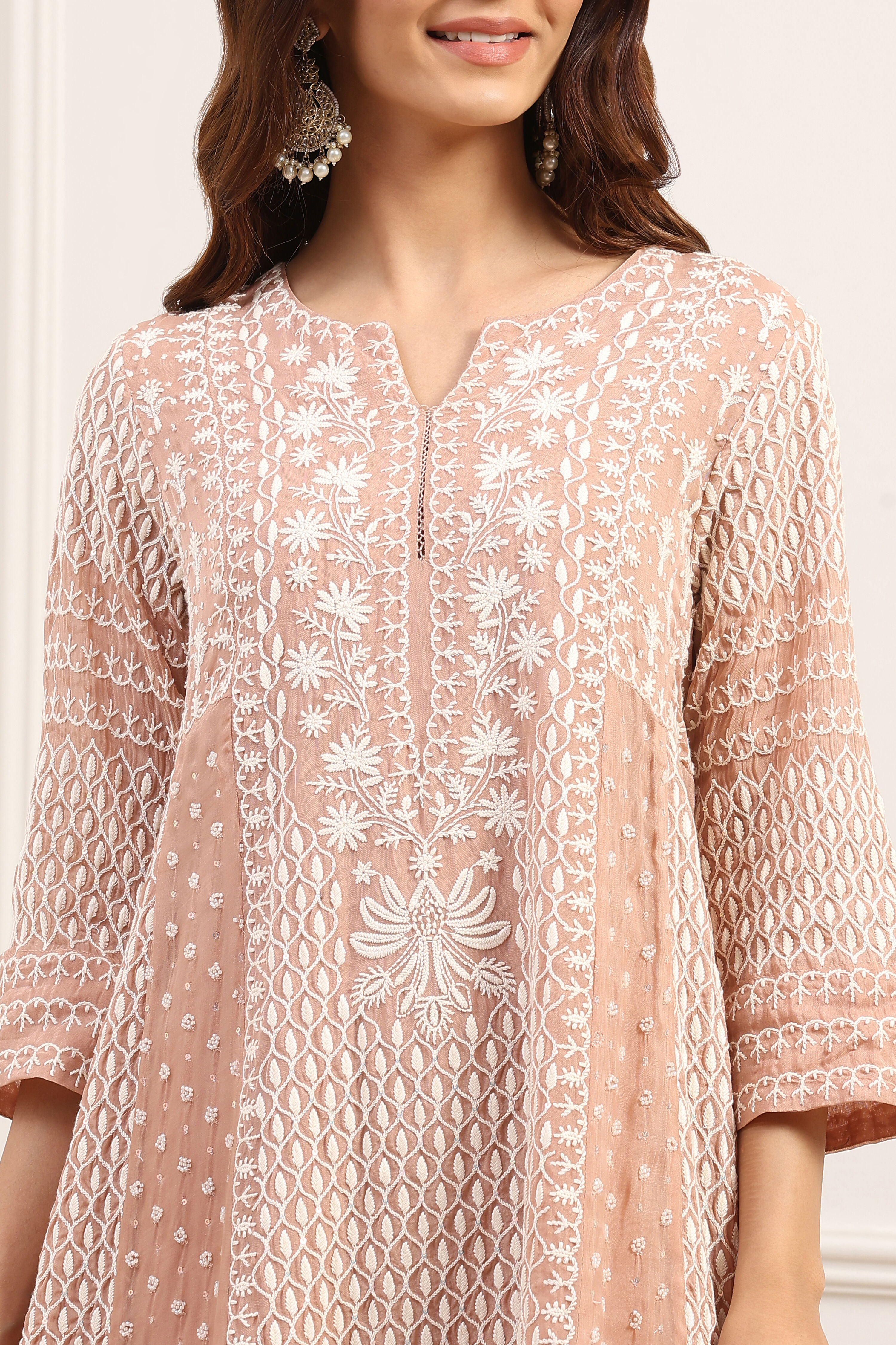 Beige Viscose Organza Embroidered Straight Suit Set image number 1