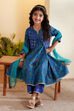 Green & Blue Cotton Printed Anarkali Kurta Set