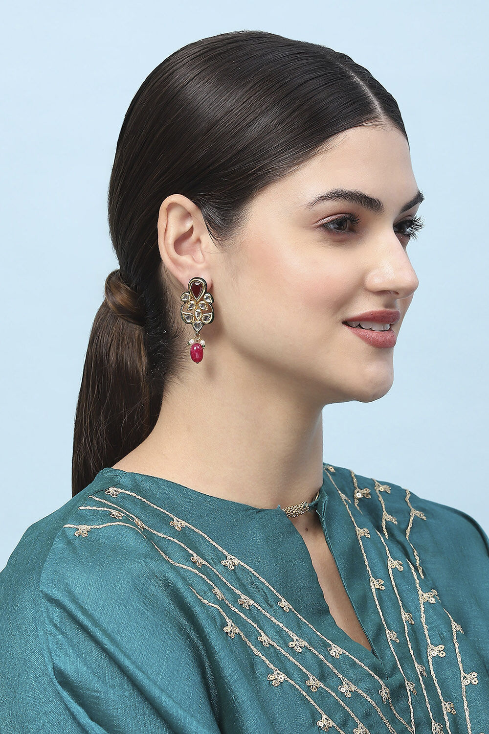 Red Kundan Festive Drop & Danglers image number 1