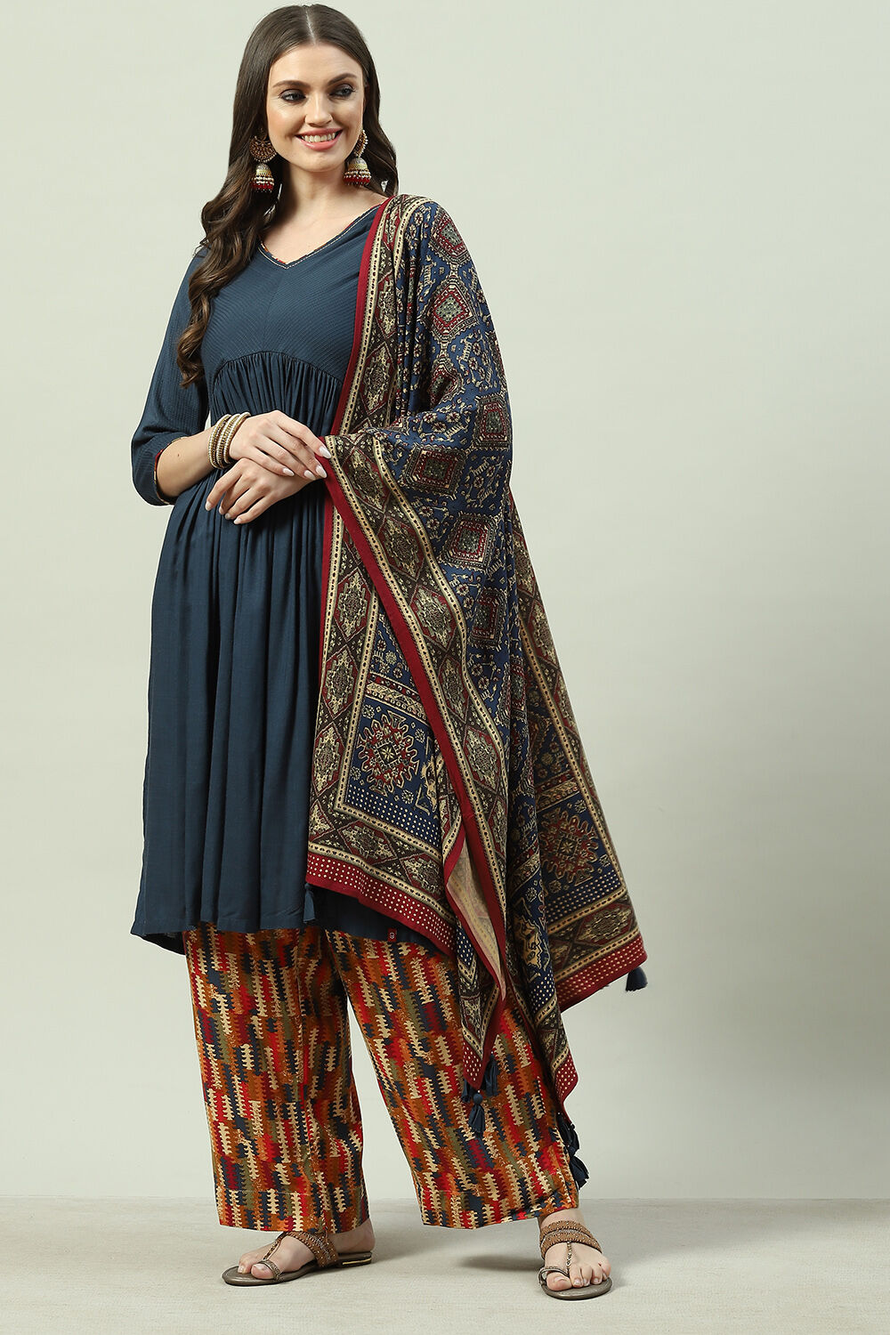 Navy LIVA A-Line Kurta Palazzo Suit Set image number 2