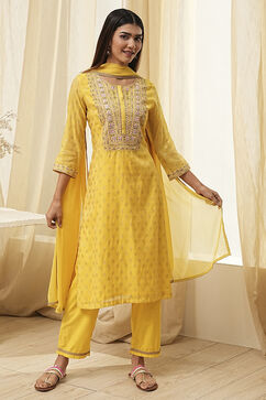 Yellow Embroidered Straight Suit Set image number 6